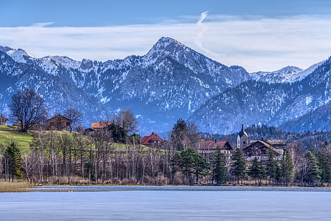 alpine, mountains, mountain range, snow, lake, lake weissensee HD wallpaper