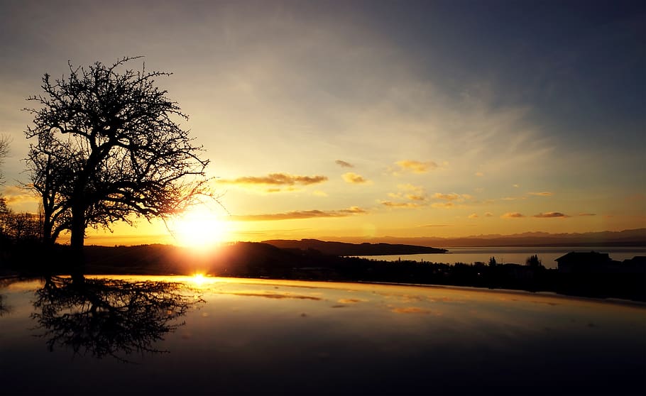 Sunrise over Body of Water Under Blue Sky, clouds, reflection HD wallpaper