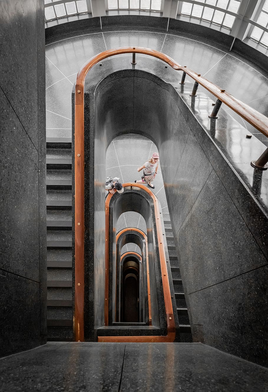stairs, architecture, interior, looking down, steps and staircases HD wallpaper
