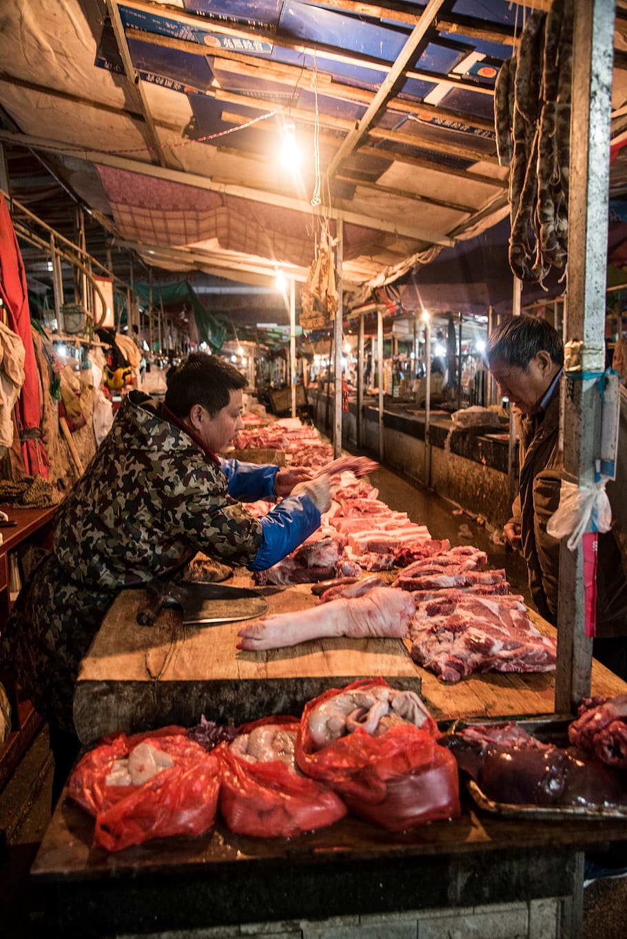 shop, butcher shop, human, person, market, bazaar, huangshan, HD wallpaper