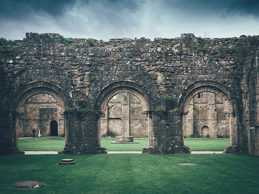 ruins, plant, grass, human, person, abbey, fountains abbey HD wallpaper