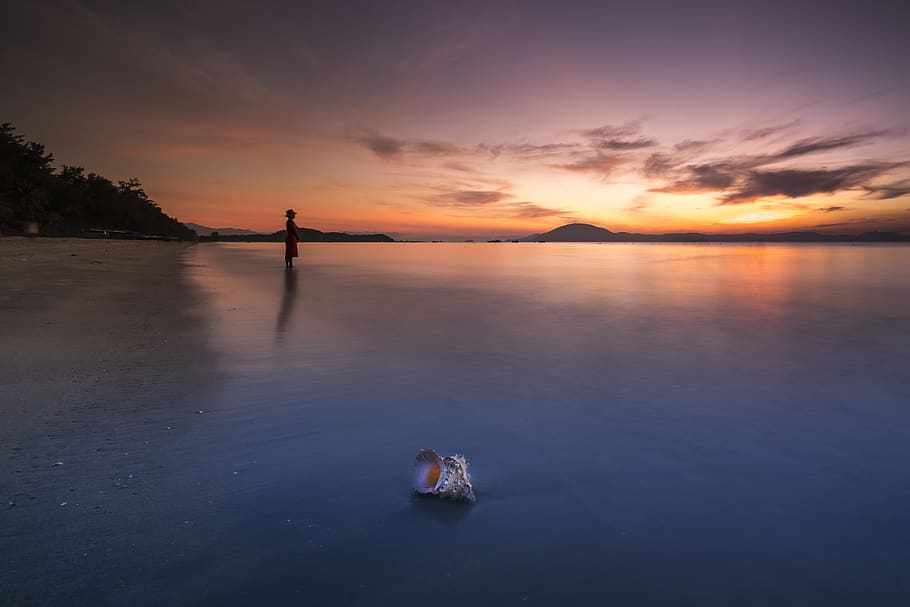 Person Standing On Beach, alone, dawn, dusk, lonely, ocean, sea HD wallpaper