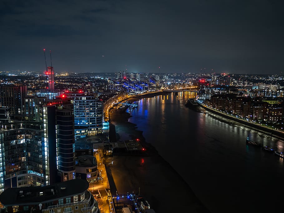 Hd Wallpaper Aerial Photography City Buildings With River During Nighttime Wallpaper Flare 5548