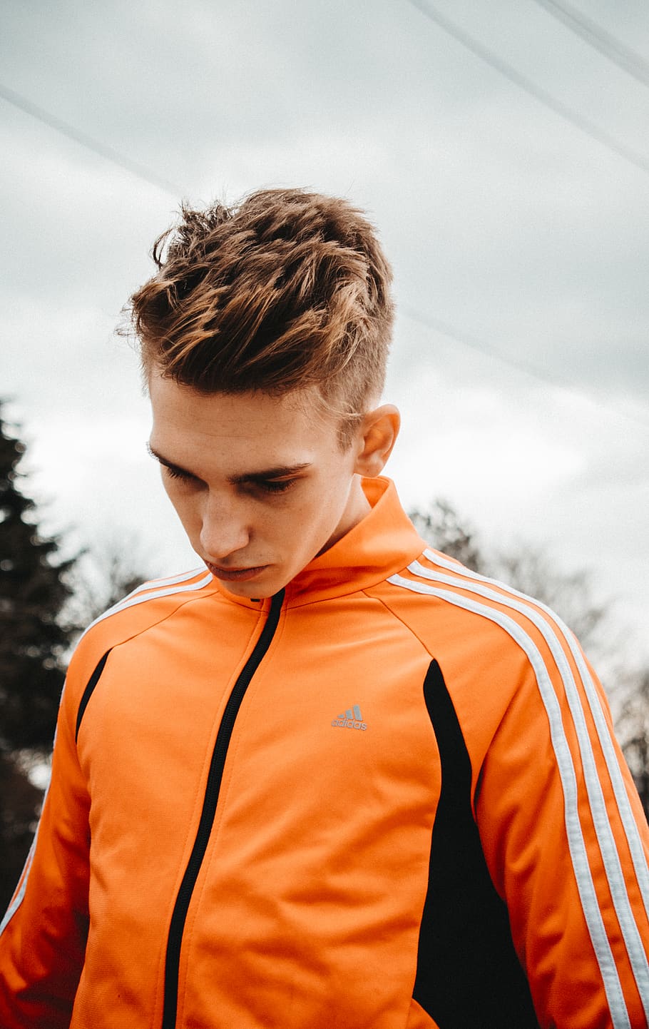 man in orange jacket, one person, real people, lifestyles, orange color HD wallpaper