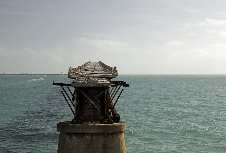 bridge, old, abandon, ocean, keys, florida, water, sea, sky HD wallpaper