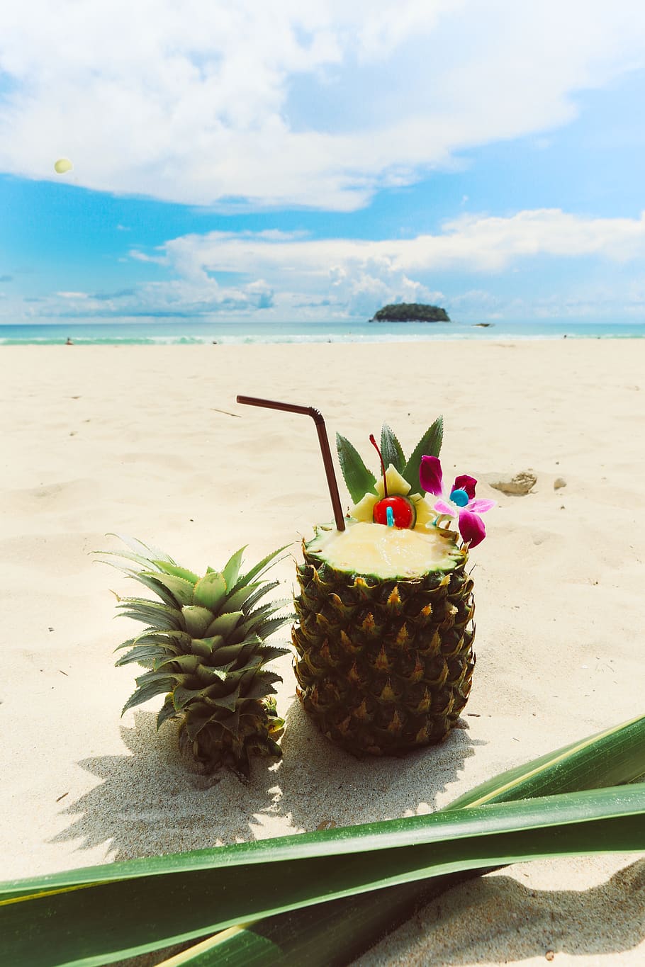 Photo of Pineapple on Sand, beach, beverage, clouds, drink, drinking straw HD wallpaper
