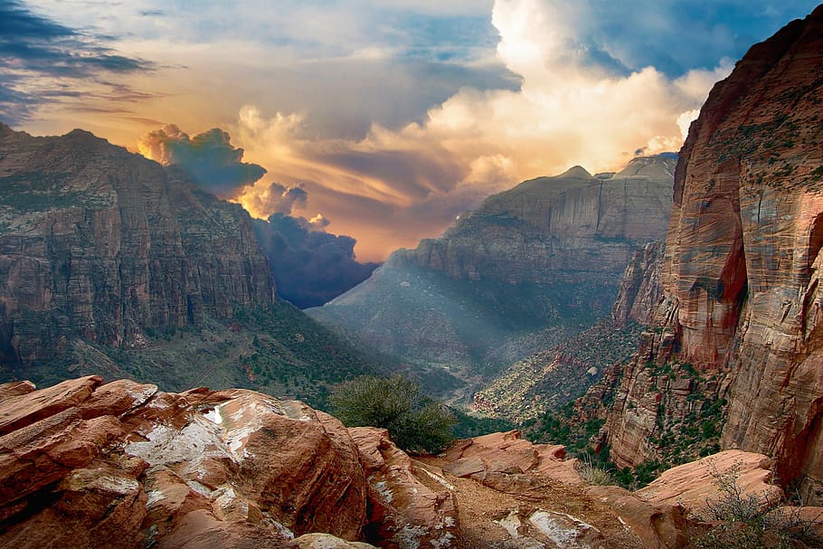 landscape, mountains, sky, clouds, sunrise, panorama, rock HD wallpaper