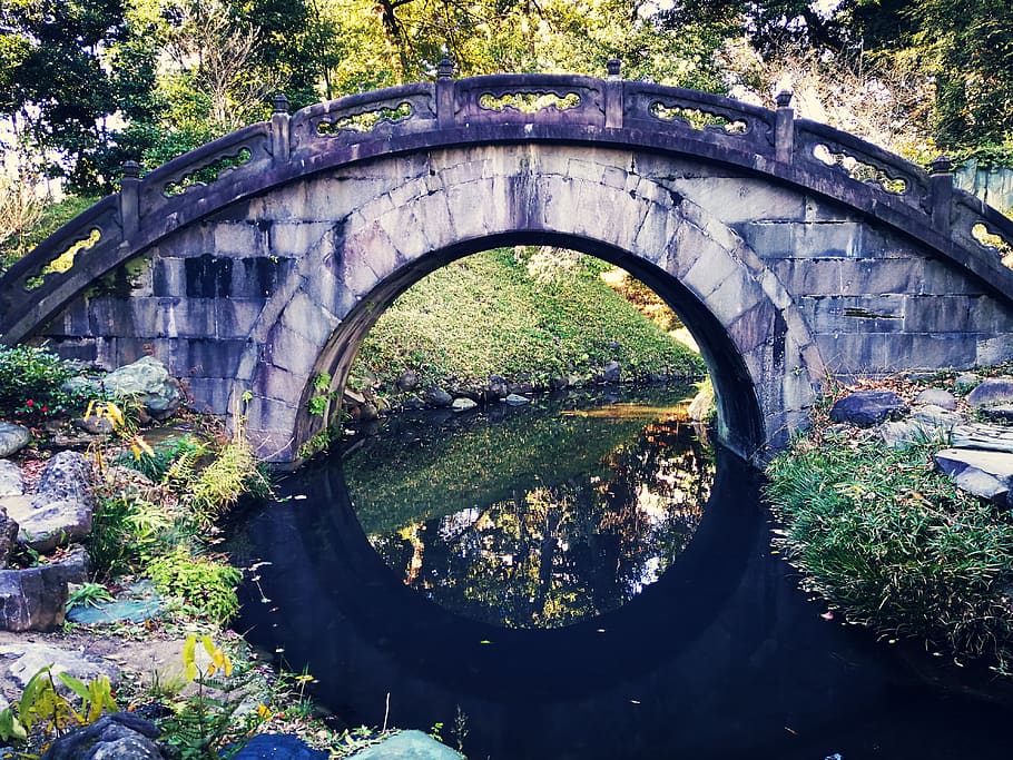 park, moon bridge, asia, circle, japan, harmony, zen, nature HD wallpaper