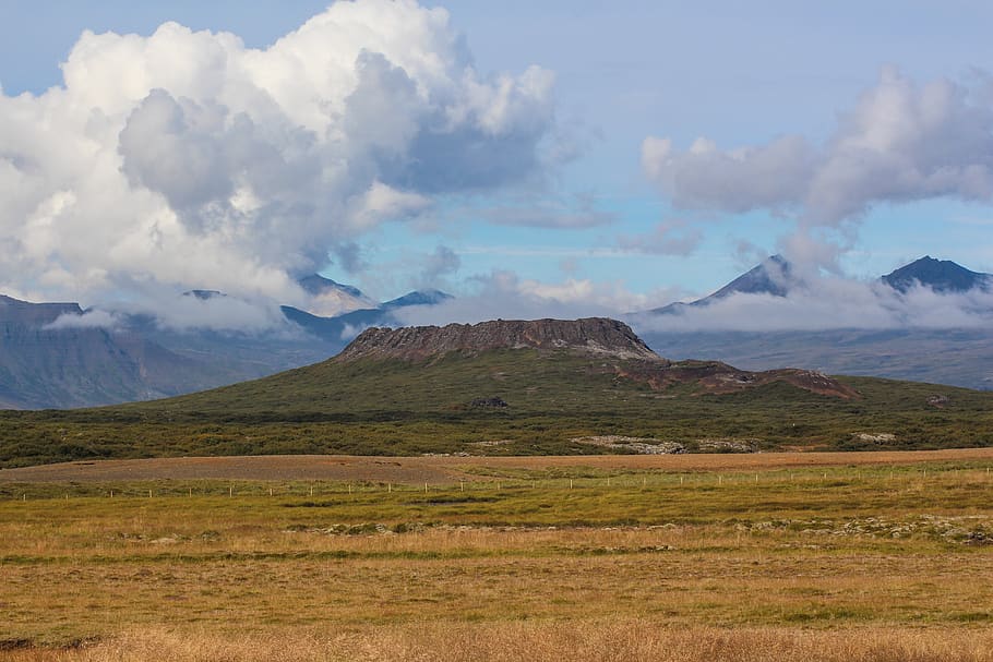 iceland, crater, volcano, clouds, mountain, beauty in nature HD wallpaper