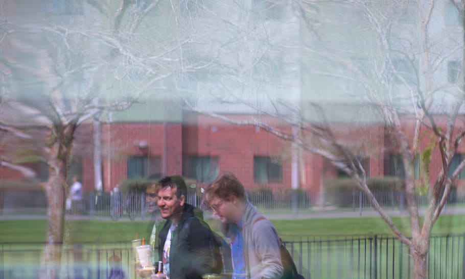 mirror, mirror world, window, glass, reflection, two people HD wallpaper