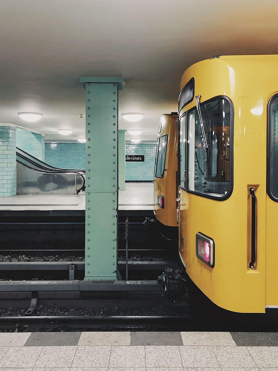 yellow train close-up photography, vehicle, transportation, terminal, HD wallpaper