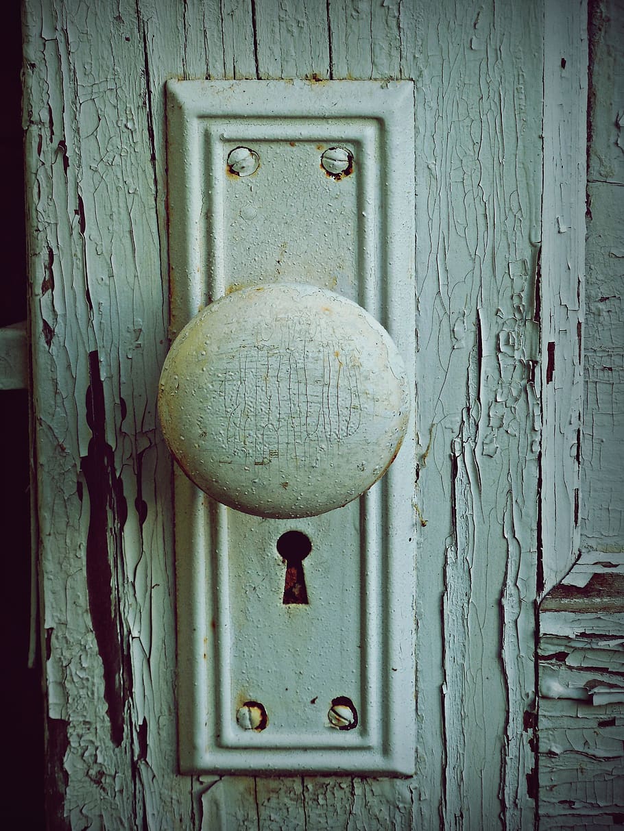door, knob, doorknob, old, vintage, white, paint, cracked, chipped, HD wallpaper
