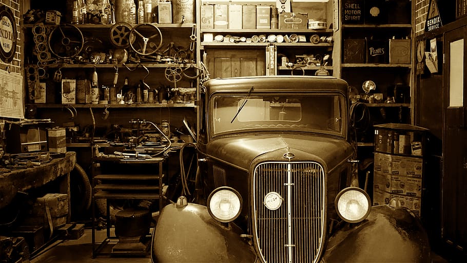 Black Vintage Car on Garage, abandoned, antique, auto, automobile