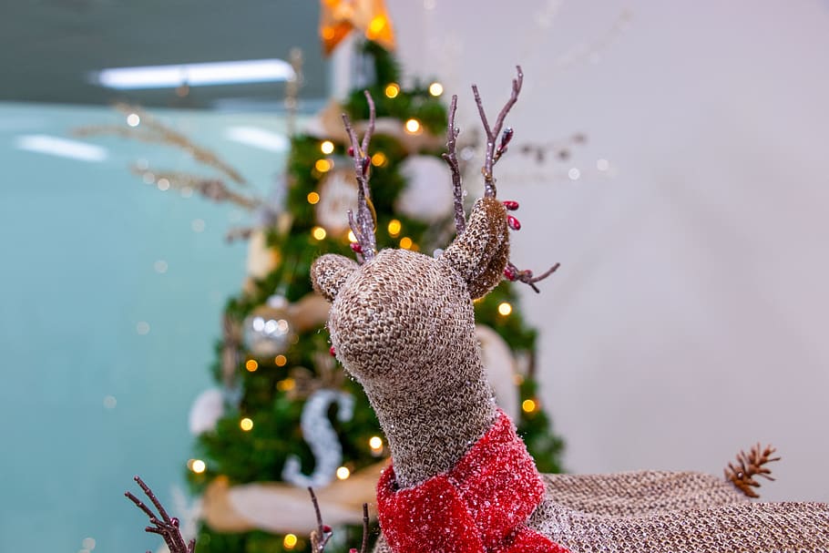 brown crochet deer near Christmas tree, fun, happiness, holiday, HD wallpaper