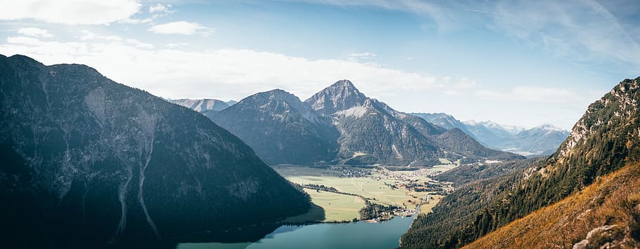 Aerial Photography of Mountain and Body of Water, blue sky, clouds HD wallpaper