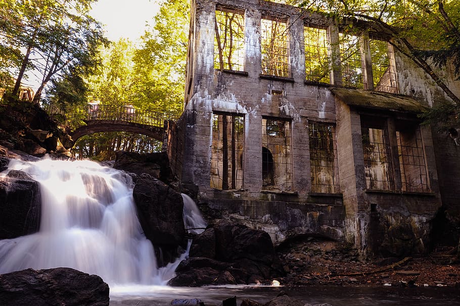 canada, ottawa, forest, building, ruins, abandoned, watefall HD wallpaper