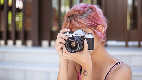 Woman Taking Photo of Bridge Camera, blurred background, close-up HD wallpaper