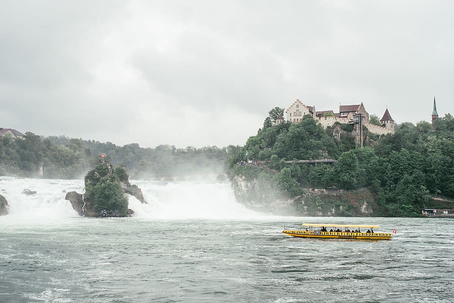 Rhine Falls, attraction, boat, cascade, castle, cliff, europe, HD wallpaper