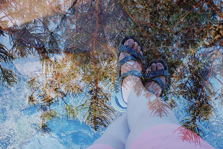 double exposure, multiple exposure, x100t, teva, sandals, pine trees HD wallpaper