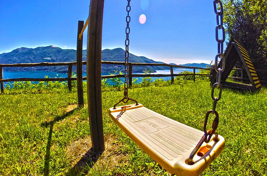 plant, grass, nature, mountain, swing, tree, water, no people