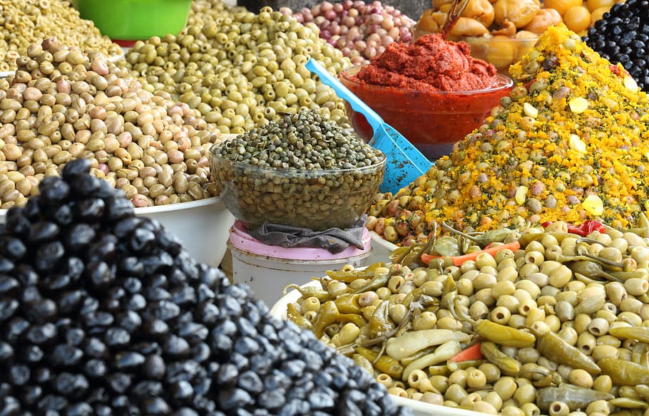 morocco, essaouira, food, olive, market, spice, pepper, souk
