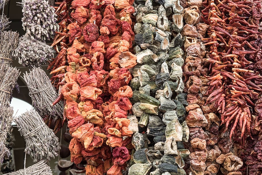 hanging spices, greece, athens, food, market, tree, flora, plant HD wallpaper