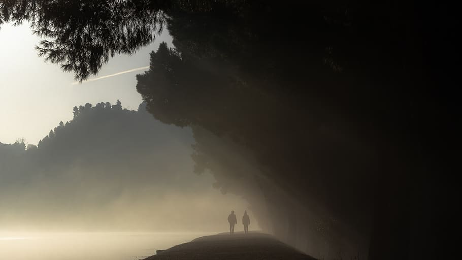 Silhouette of People on Cliff, backlit, dark, dawn, dramatic HD wallpaper