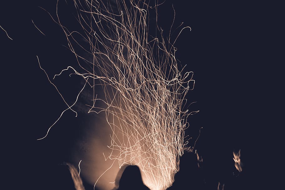 fire, sparks, night, illuminated, motion, lightning, low angle view HD wallpaper