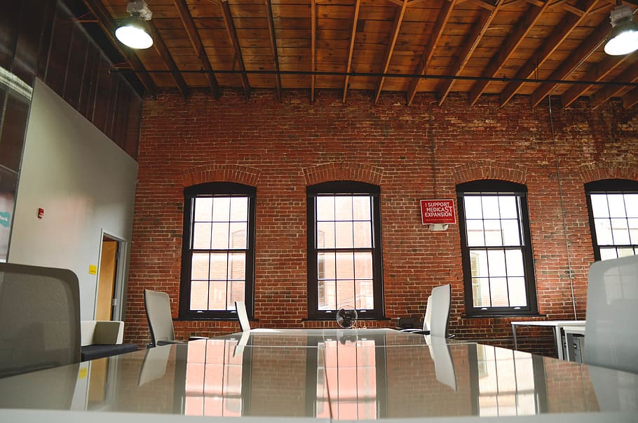 office, startup, business, bricks, windows, chairs, table, meeting HD wallpaper