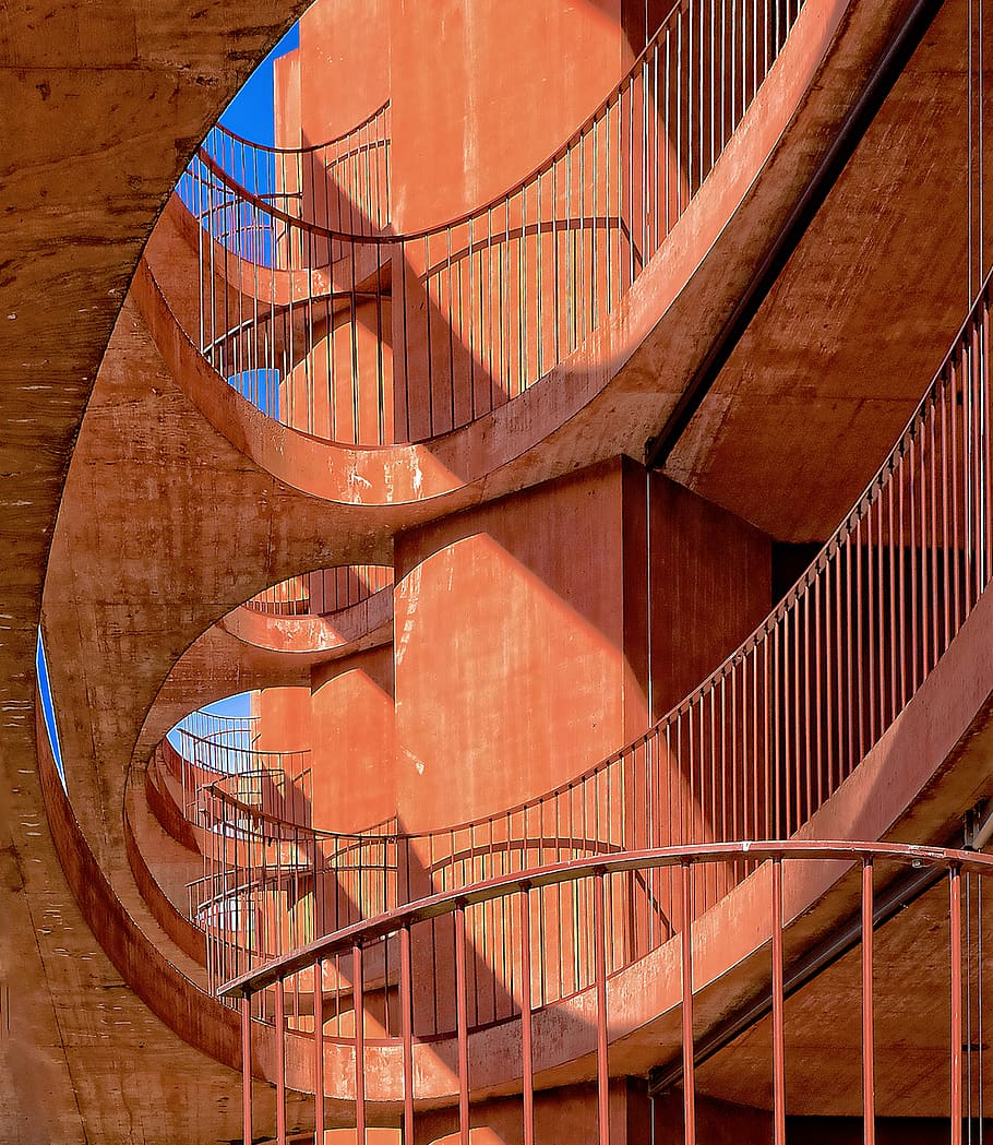 building, structure, architecture, rails, orange, lines, curves HD wallpaper