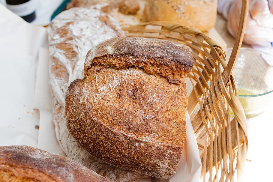 bread on basket, food, food and drink, freshness, still life HD wallpaper