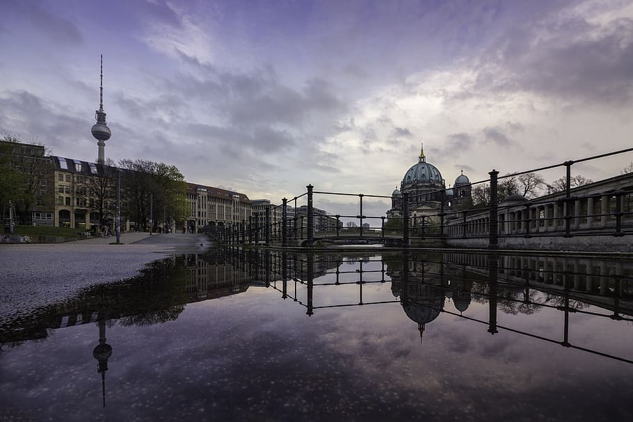 germany, berlin, cityscape, clouds, sky, sun, tv tower, sunset HD wallpaper