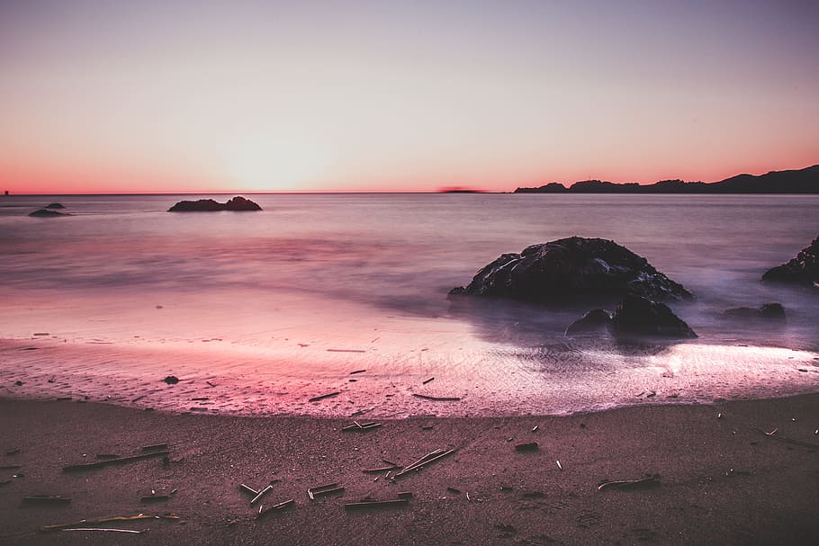 beach, sunset, sky, clouds, scenery, ocean, rocks, landscape HD wallpaper