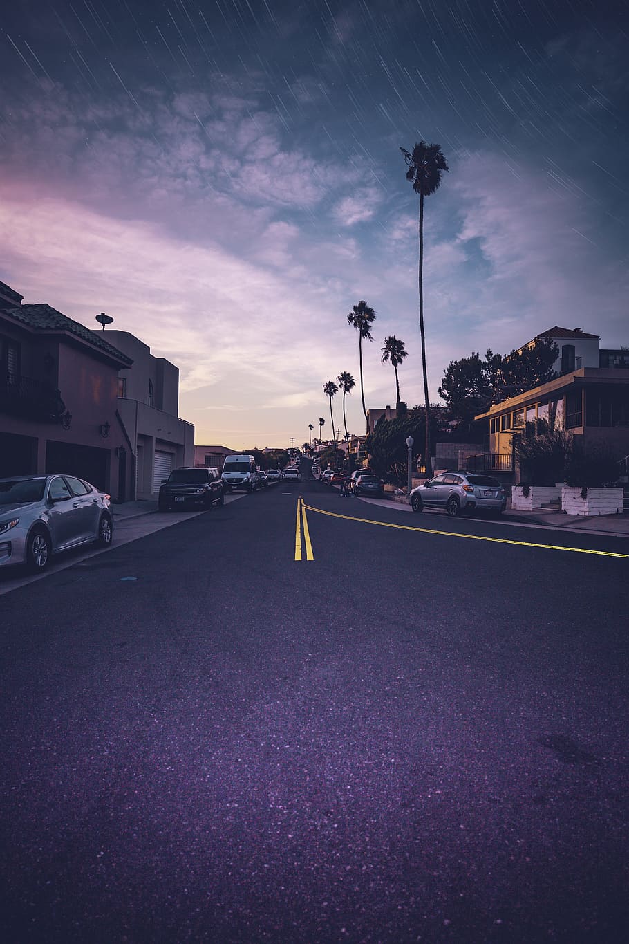 wide angle photo of road under cloudy sky, street, building, sunset HD wallpaper