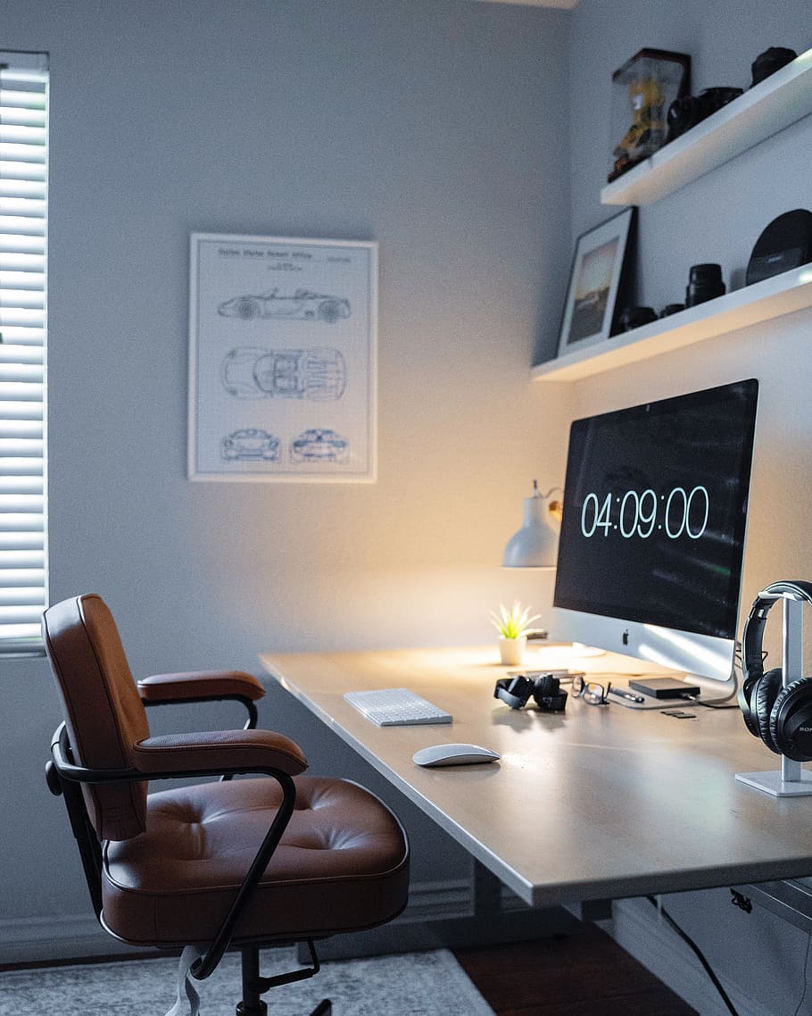 silver iMac, seat, chair, table, indoors, absence, no people HD wallpaper