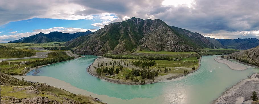 mountains, river, landscape, nature, water, outdoors, trees HD wallpaper