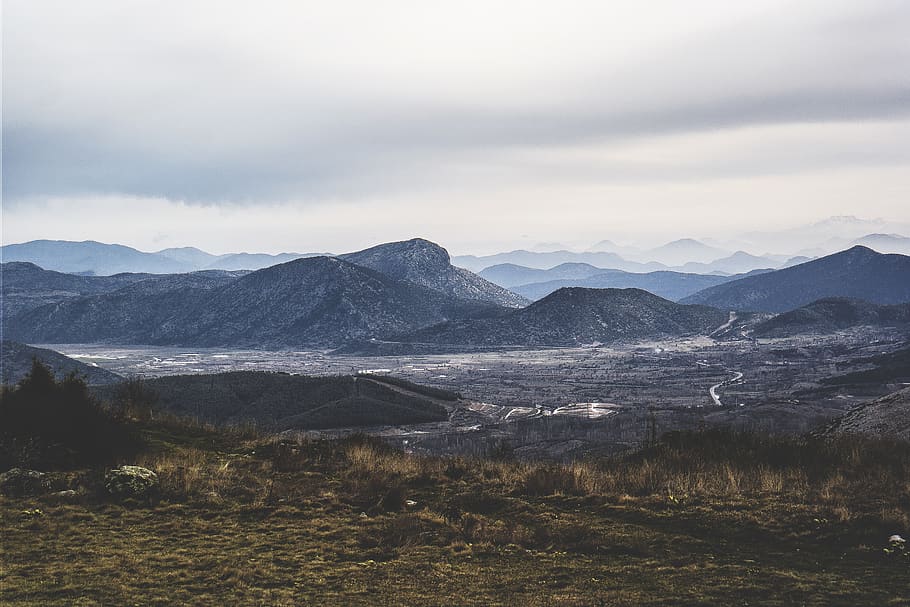 nature, landscape, summit, peaks, grasslands, sky, clouds, gradient HD wallpaper