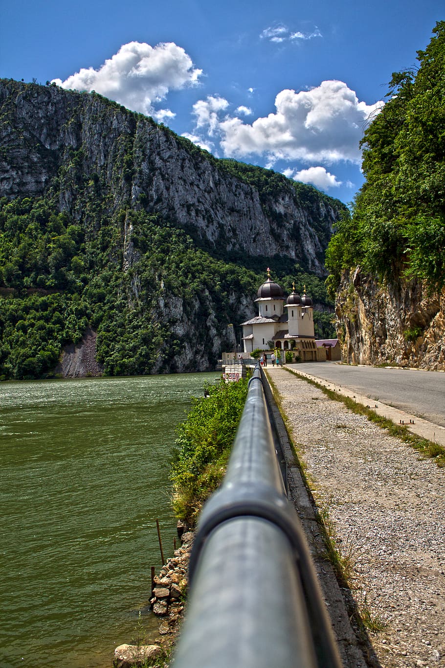 romania, river, building, mountain, transportation, nature HD wallpaper