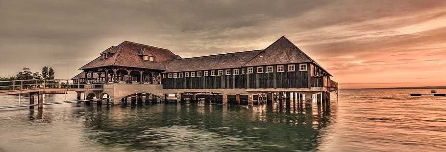 cottage at the beach, water, waterfront, port, dock, pier, building HD wallpaper