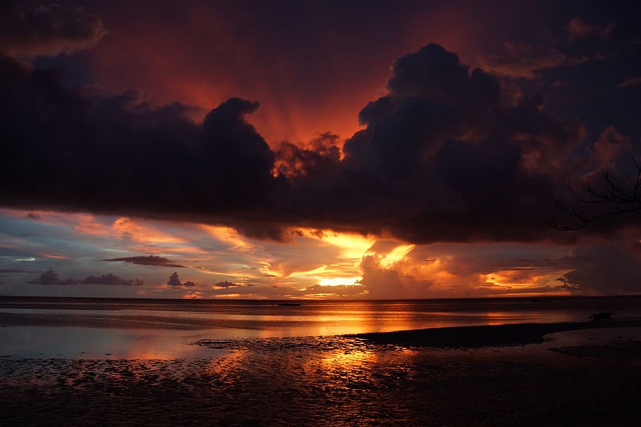 Sunset and Body of Water, backlit, beach, clouds, dawn, evening HD wallpaper