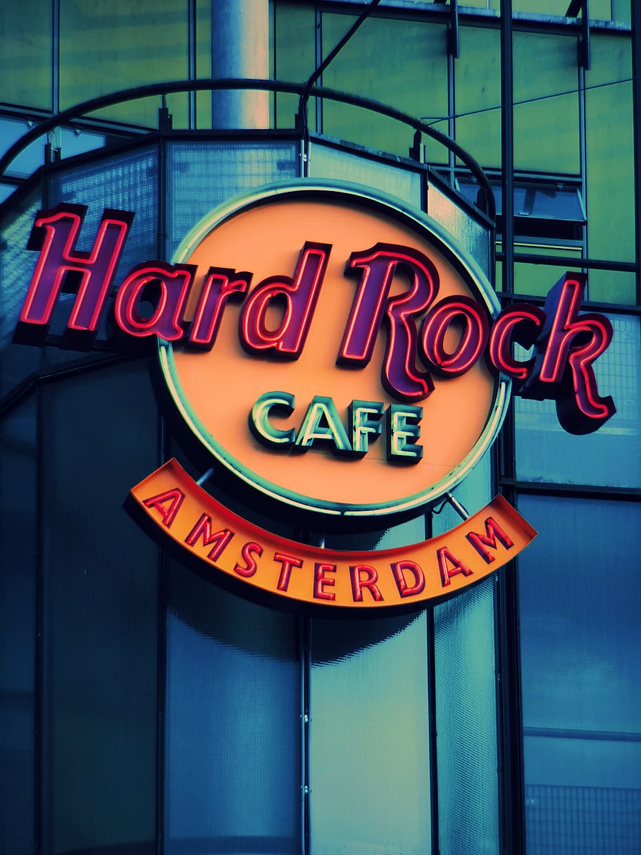 Hard Rock Cafe Amsterdam signage, text, communication, western script