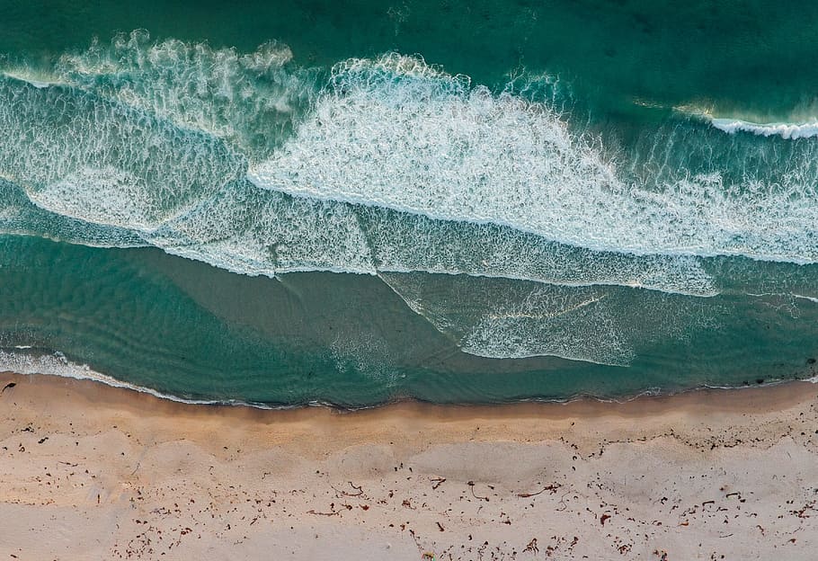 sea and shore at daytime, beach, coast, topdown, wave, water HD wallpaper