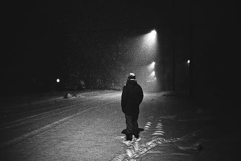 grayscale photography of man standing on street, winter, blizzard HD wallpaper