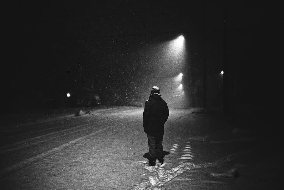 grayscale photography of man standing on street, winter, blizzard HD wallpaper