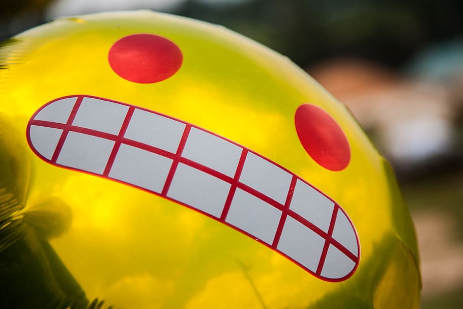 emoji, yellow, teeth, smiling, red, close-up, focus on foreground, HD wallpaper
