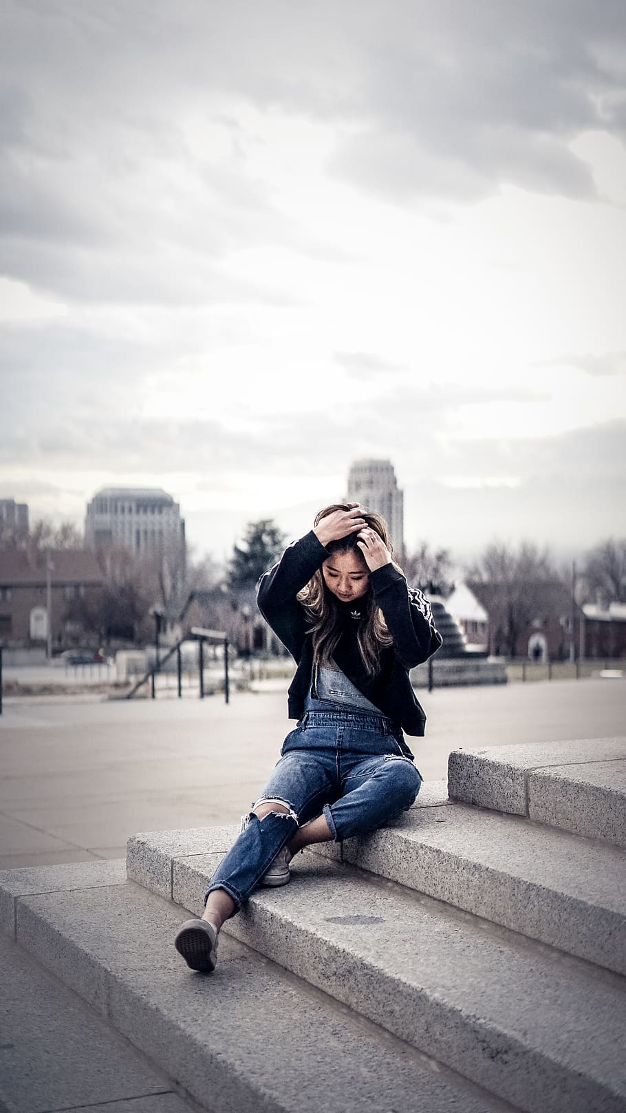 woman sitting on concrete steps, apparel, clothing, pants, denim, HD wallpaper