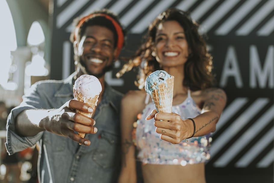 Woman and Man Holding Ice Creams, adult, bandana, casual, cheerful
