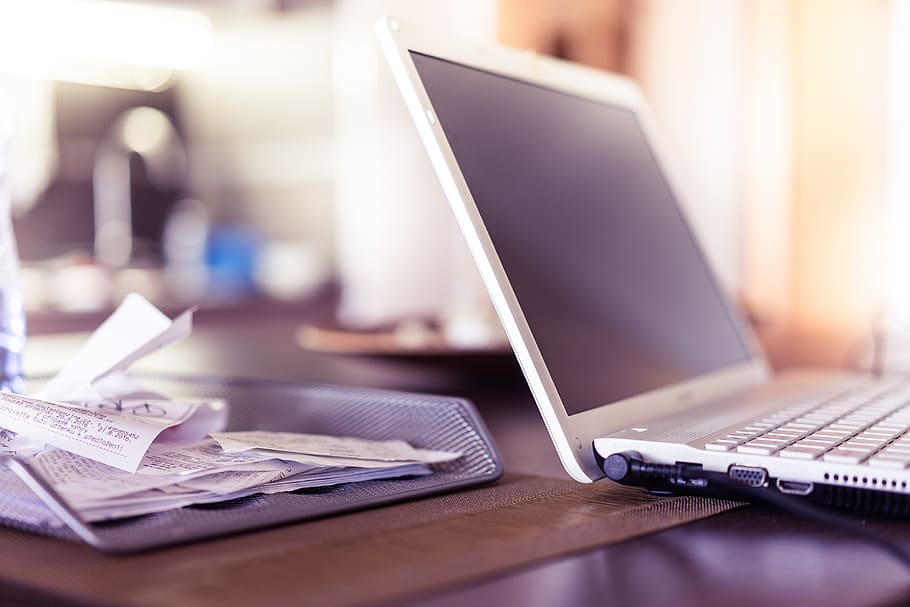 Grey Laptop Computer, desk, electronics, keyboard, receipts, technology HD wallpaper
