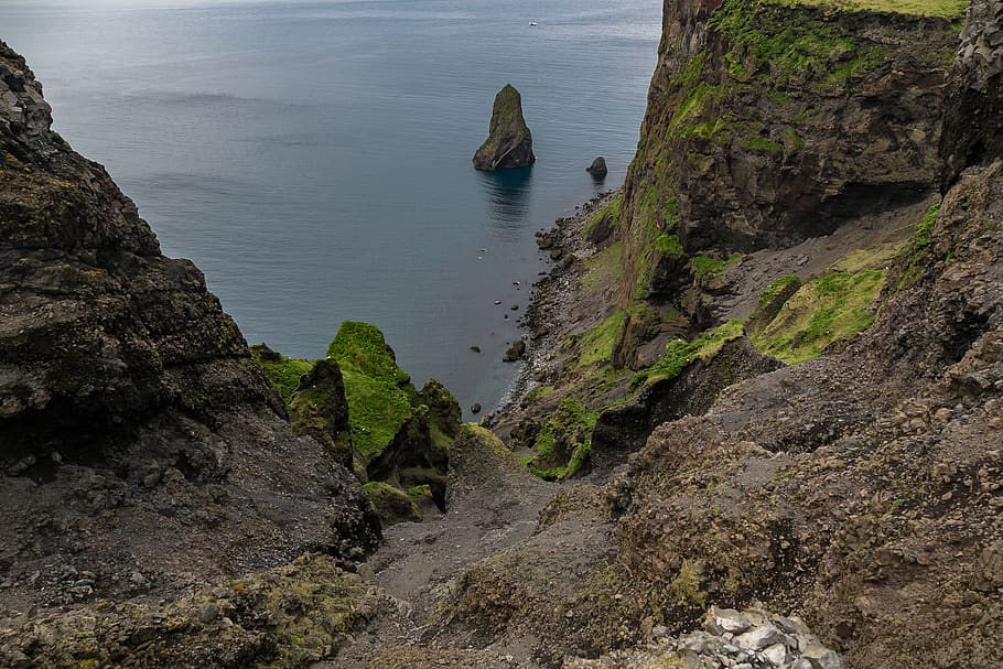 Mountain With Green Grass Beside the Body of Water, cliff coast HD wallpaper