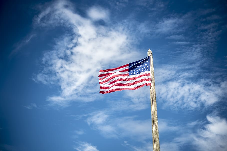 U.S America flag, sky, patriotism, low angle view, cloud - sky HD wallpaper